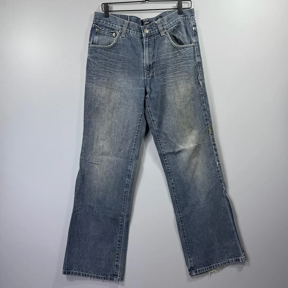 Marc Ecko Jeans Mens 34x32 Blue Medium Wash Denim Bootcut Embroidered Pockets